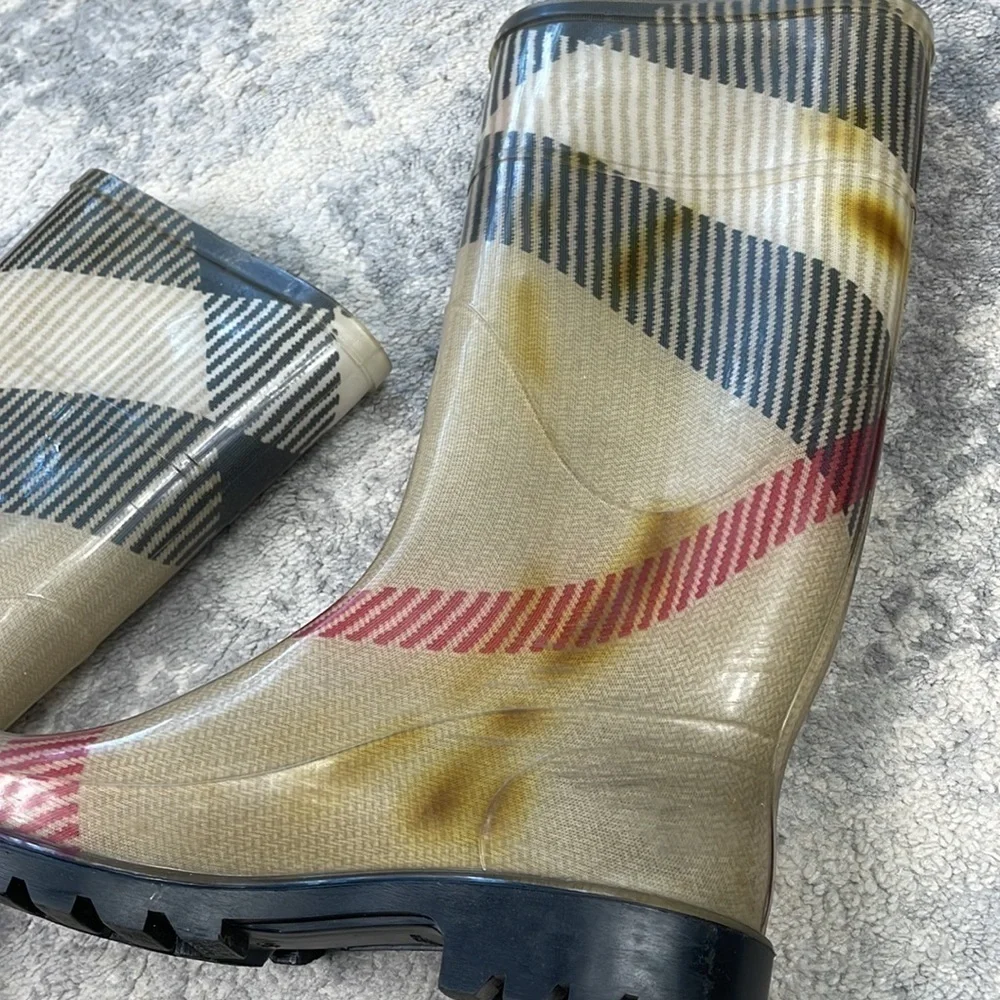 Burberry Nova Check Rubber Rain Boots Mid Calf Beige Plaid Wellies Sz 36